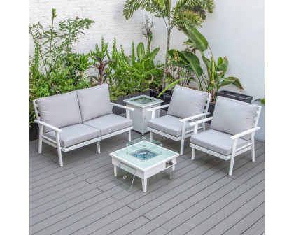 LeisureMod Walbrooke Modern White Patio Conversation With Square Fire Pit & Tank Holder - Light Gray