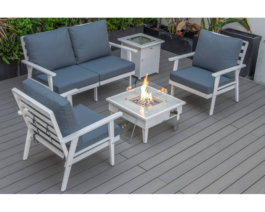 LeisureMod Walbrooke Modern White Patio Conversation With Square Fire Pit & Tank Holder - Navy Blue