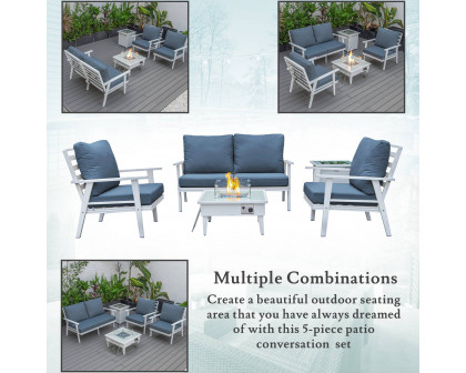 LeisureMod Walbrooke Modern White Patio Conversation With Square Fire Pit & Tank Holder - Navy Blue