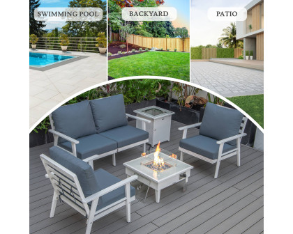 LeisureMod Walbrooke Modern White Patio Conversation With Square Fire Pit & Tank Holder - Navy Blue