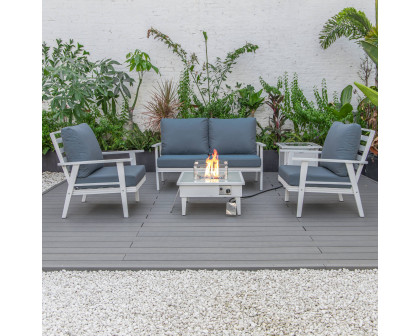 LeisureMod Walbrooke Modern White Patio Conversation With Square Fire Pit & Tank Holder - Navy Blue