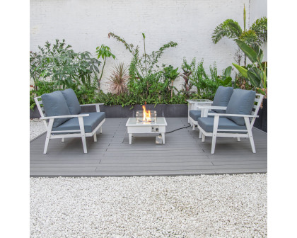 LeisureMod Walbrooke Modern White Patio Conversation With Square Fire Pit & Tank Holder - Navy Blue