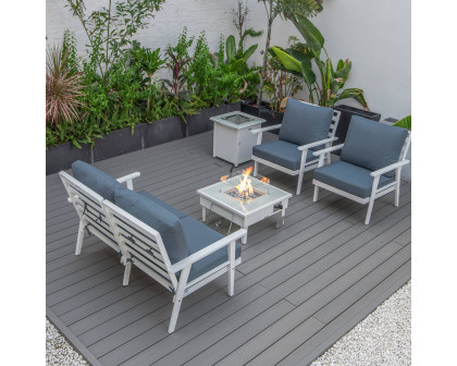 LeisureMod Walbrooke Modern White Patio Conversation With Square Fire Pit & Tank Holder - Navy Blue