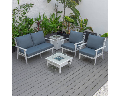 LeisureMod Walbrooke Modern White Patio Conversation With Square Fire Pit & Tank Holder - Navy Blue