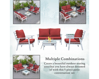 LeisureMod Walbrooke Modern White Patio Conversation With Square Fire Pit & Tank Holder - Red