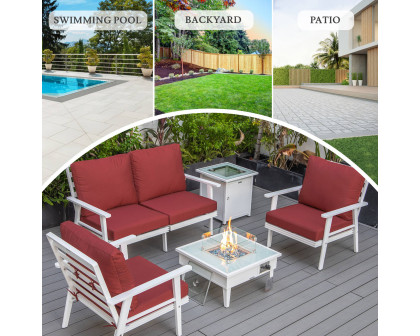 LeisureMod Walbrooke Modern White Patio Conversation With Square Fire Pit & Tank Holder - Red