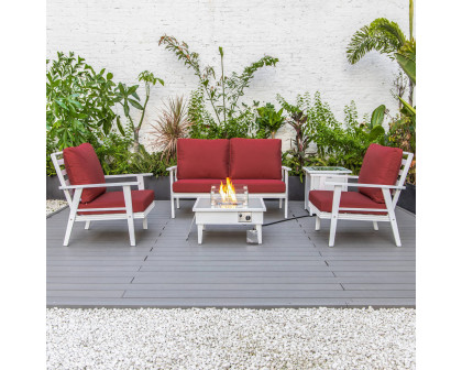 LeisureMod Walbrooke Modern White Patio Conversation With Square Fire Pit & Tank Holder - Red