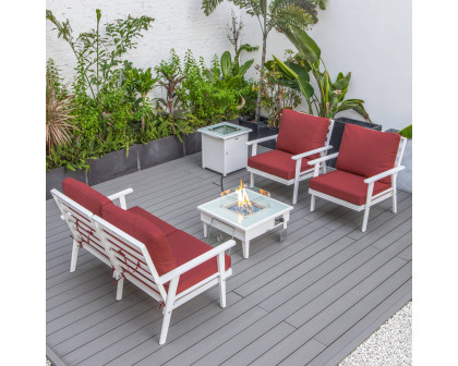 LeisureMod Walbrooke Modern White Patio Conversation With Square Fire Pit & Tank Holder - Red