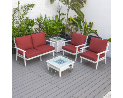 LeisureMod Walbrooke Modern White Patio Conversation With Square Fire Pit & Tank Holder - Red