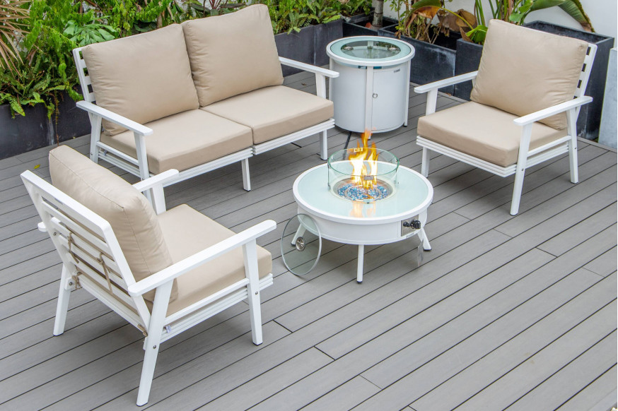 LeisureMod™ Walbrooke Modern White Patio Conversation With Round Fire Pit & Tank Holder - Beige