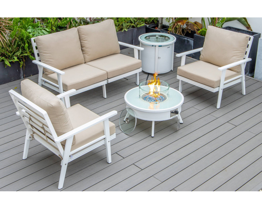 LeisureMod Walbrooke Modern White Patio Conversation With Round Fire Pit & Tank Holder - Beige