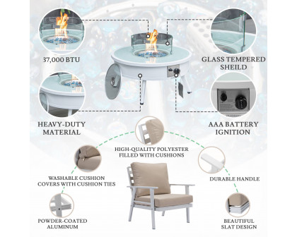 LeisureMod™ Walbrooke Modern White Patio Conversation With Round Fire Pit & Tank Holder - Beige