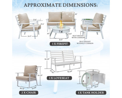 LeisureMod™ Walbrooke Modern White Patio Conversation With Round Fire Pit & Tank Holder - Beige