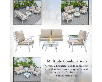 LeisureMod™ Walbrooke Modern White Patio Conversation With Round Fire Pit & Tank Holder - Beige