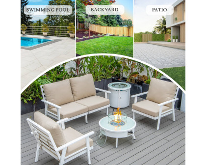 LeisureMod™ Walbrooke Modern White Patio Conversation With Round Fire Pit & Tank Holder - Beige