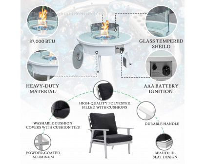 LeisureMod Walbrooke Modern White Patio Conversation With Round Fire Pit & Tank Holder - Charcoal