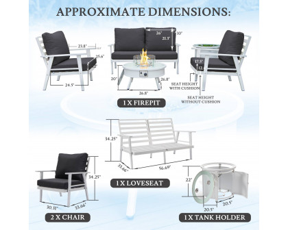 LeisureMod Walbrooke Modern White Patio Conversation With Round Fire Pit & Tank Holder - Charcoal