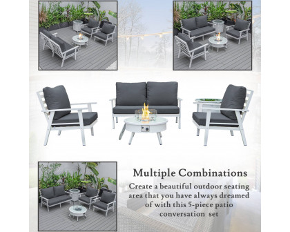 LeisureMod Walbrooke Modern White Patio Conversation With Round Fire Pit & Tank Holder - Charcoal