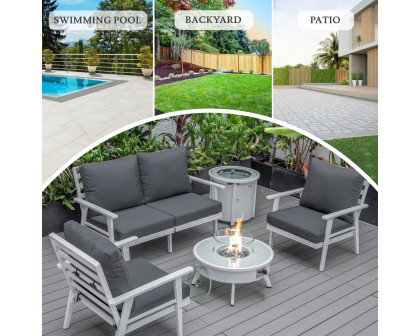 LeisureMod Walbrooke Modern White Patio Conversation With Round Fire Pit & Tank Holder - Charcoal