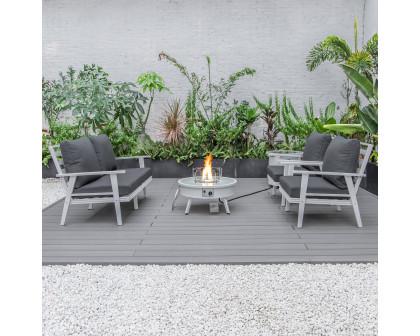 LeisureMod Walbrooke Modern White Patio Conversation With Round Fire Pit & Tank Holder - Charcoal