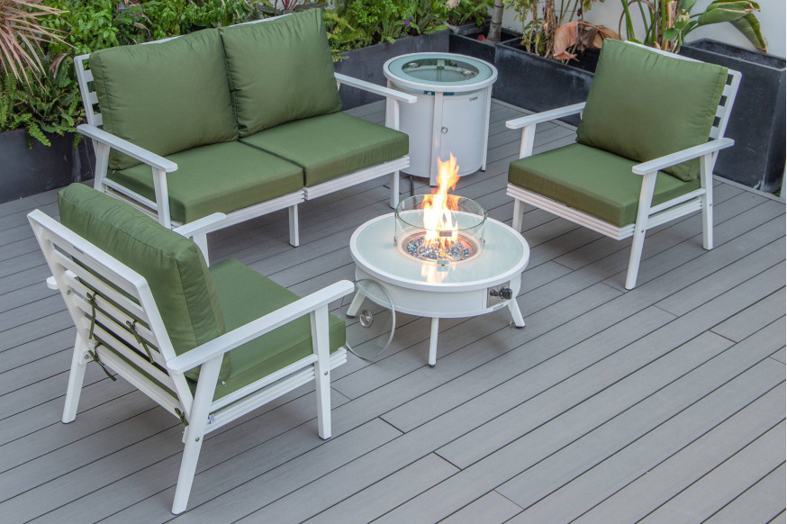 LeisureMod™ Walbrooke Modern White Patio Conversation With Round Fire Pit & Tank Holder - Green