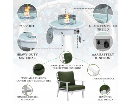 LeisureMod™ Walbrooke Modern White Patio Conversation With Round Fire Pit & Tank Holder - Green