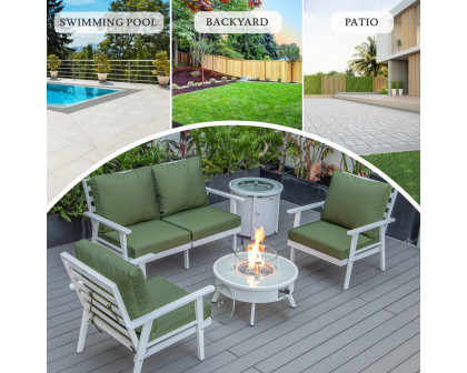 LeisureMod™ Walbrooke Modern White Patio Conversation With Round Fire Pit & Tank Holder - Green