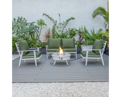 LeisureMod™ Walbrooke Modern White Patio Conversation With Round Fire Pit & Tank Holder - Green