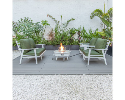 LeisureMod™ Walbrooke Modern White Patio Conversation With Round Fire Pit & Tank Holder - Green