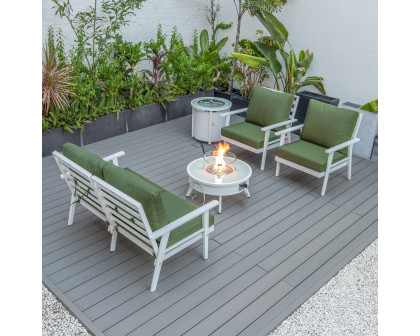 LeisureMod™ Walbrooke Modern White Patio Conversation With Round Fire Pit & Tank Holder - Green