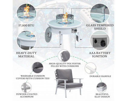 LeisureMod Walbrooke Modern White Patio Conversation With Round Fire Pit & Tank Holder - Gray