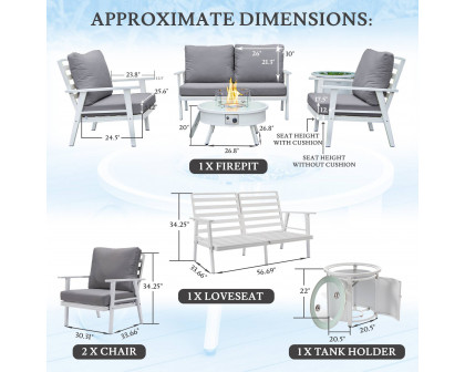 LeisureMod Walbrooke Modern White Patio Conversation With Round Fire Pit & Tank Holder - Gray