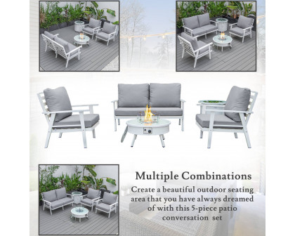 LeisureMod Walbrooke Modern White Patio Conversation With Round Fire Pit & Tank Holder - Gray