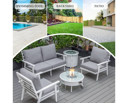 LeisureMod Walbrooke Modern White Patio Conversation With Round Fire Pit & Tank Holder - Gray