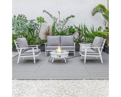 LeisureMod Walbrooke Modern White Patio Conversation With Round Fire Pit & Tank Holder - Gray