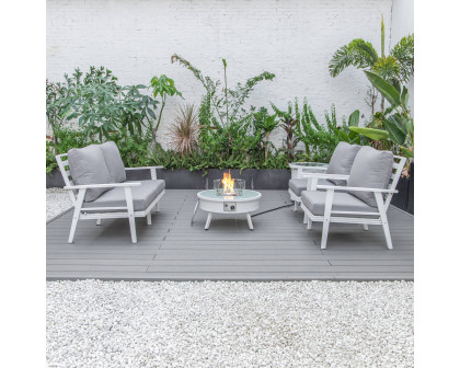 LeisureMod Walbrooke Modern White Patio Conversation With Round Fire Pit & Tank Holder - Gray