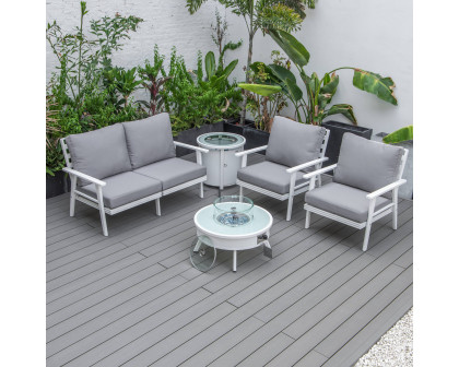 LeisureMod Walbrooke Modern White Patio Conversation With Round Fire Pit & Tank Holder - Gray