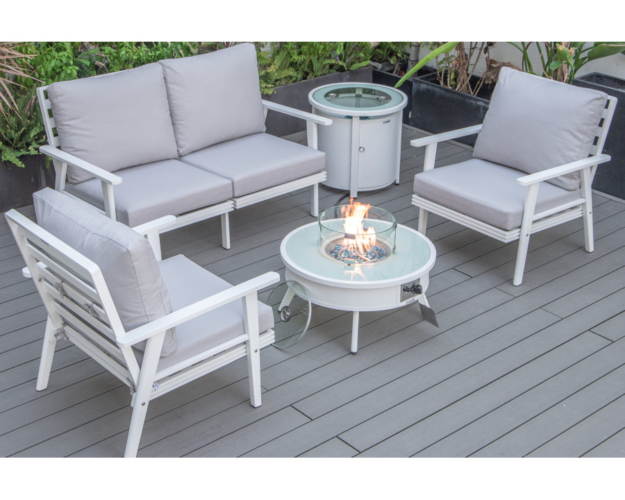 LeisureMod Walbrooke Modern White Patio Conversation With Round Fire Pit & Tank Holder - Light Gray