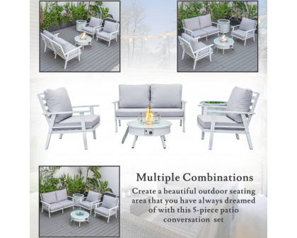 LeisureMod Walbrooke Modern White Patio Conversation With Round Fire Pit & Tank Holder - Light Gray