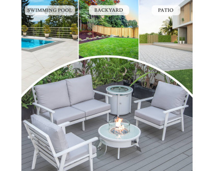 LeisureMod Walbrooke Modern White Patio Conversation With Round Fire Pit & Tank Holder - Light Gray