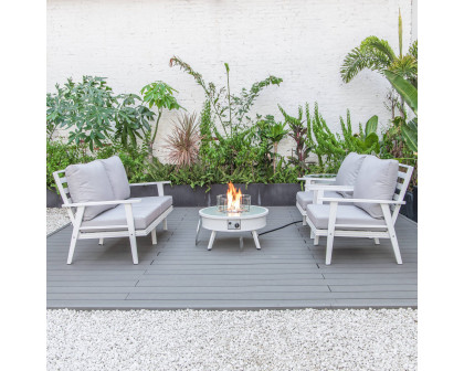 LeisureMod Walbrooke Modern White Patio Conversation With Round Fire Pit & Tank Holder - Light Gray