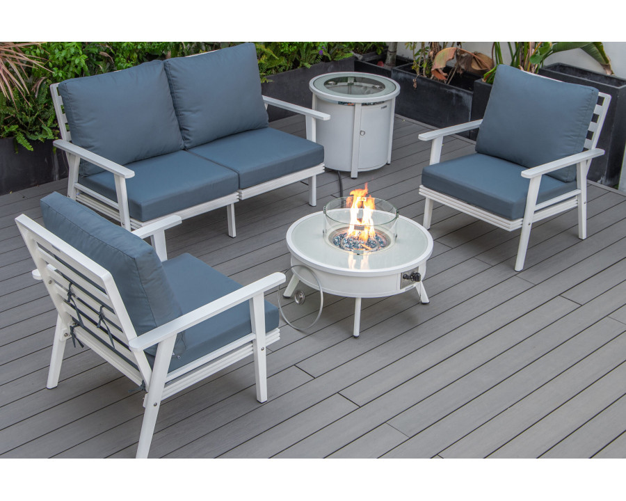 LeisureMod Walbrooke Modern White Patio Conversation With Round Fire Pit & Tank Holder - Navy Blue