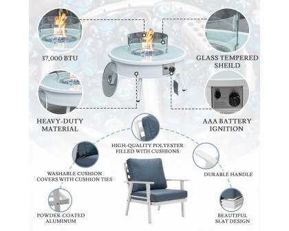 LeisureMod Walbrooke Modern White Patio Conversation With Round Fire Pit & Tank Holder - Navy Blue