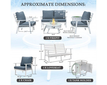 LeisureMod Walbrooke Modern White Patio Conversation With Round Fire Pit & Tank Holder - Navy Blue