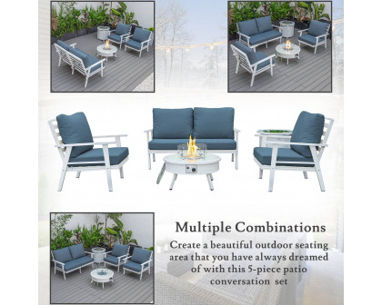 LeisureMod Walbrooke Modern White Patio Conversation With Round Fire Pit & Tank Holder - Navy Blue