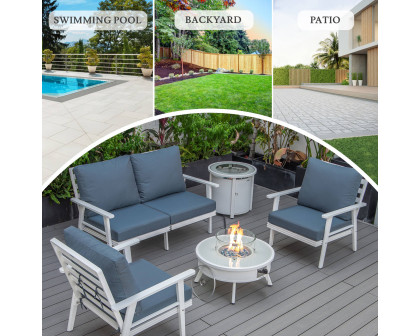 LeisureMod Walbrooke Modern White Patio Conversation With Round Fire Pit & Tank Holder - Navy Blue