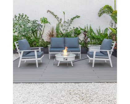 LeisureMod Walbrooke Modern White Patio Conversation With Round Fire Pit & Tank Holder - Navy Blue