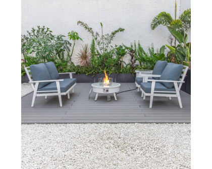 LeisureMod Walbrooke Modern White Patio Conversation With Round Fire Pit & Tank Holder - Navy Blue