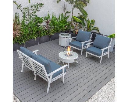 LeisureMod Walbrooke Modern White Patio Conversation With Round Fire Pit & Tank Holder - Navy Blue