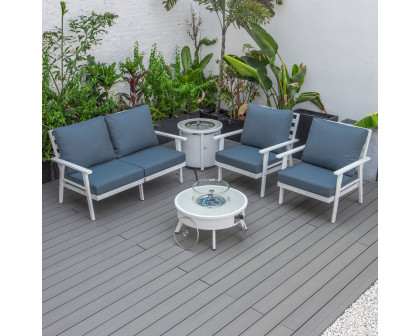 LeisureMod Walbrooke Modern White Patio Conversation With Round Fire Pit & Tank Holder - Navy Blue